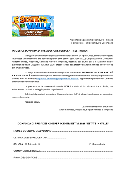 Domanda di pre-adesione per i centri estivi 2026